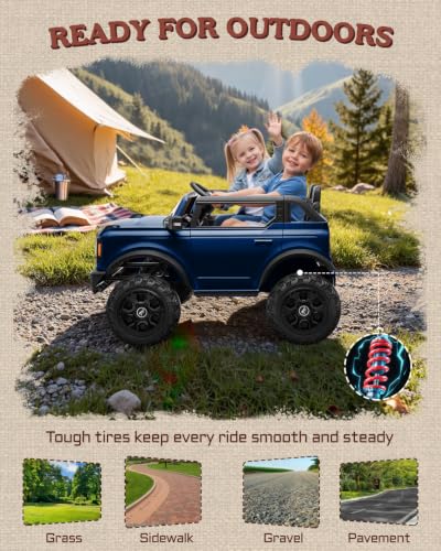 First Ride On 24V 2 Seater Ride on Toys for Big Kids, Licensed Ford Bronco Base Electric Car with Remote Control, Ride on Truck w/Seat Belts, 3 Speeds, Spring Suspension and Bluetooth (Blue) - color: Blue