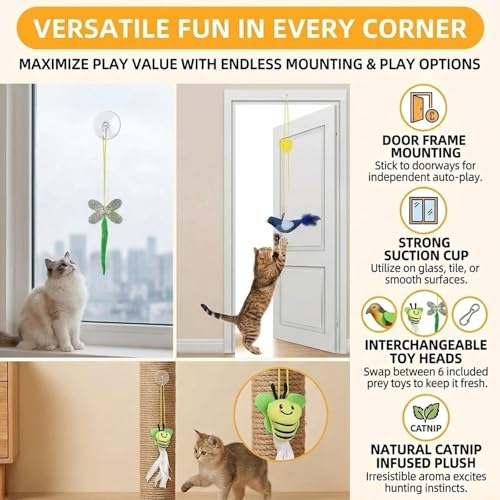6 pc Interactive Hanging Cat Toy, Self Play Kitten Toys for Indoor Kittens Retractable Bouncing Cat Bird Toy & Cat Feather Toy Attachments Hands-Free Cat Toy Wand Teaser Toys with Feathers