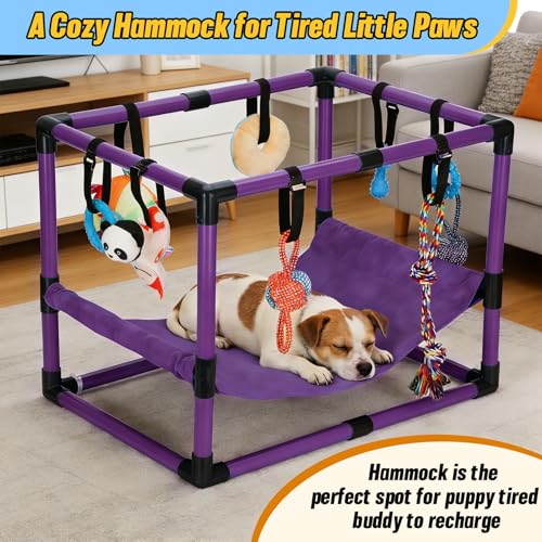 Purple Puppy Play Gym with 8 Hanging Toys - color: Purple, size: 22.28x16.65x17.71in