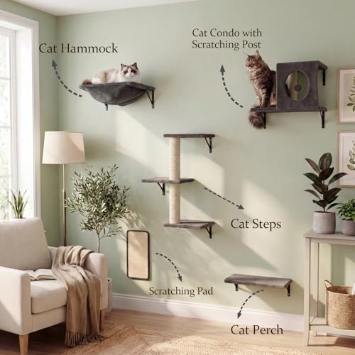 Cat Wall Shelves, Cat Wall Mounted Furniture, Climbing Wall Systems with Perches, Scratchers and Condo, Kitten Indoor Jungle Gym Set of 5 (Grey) - color: Grey