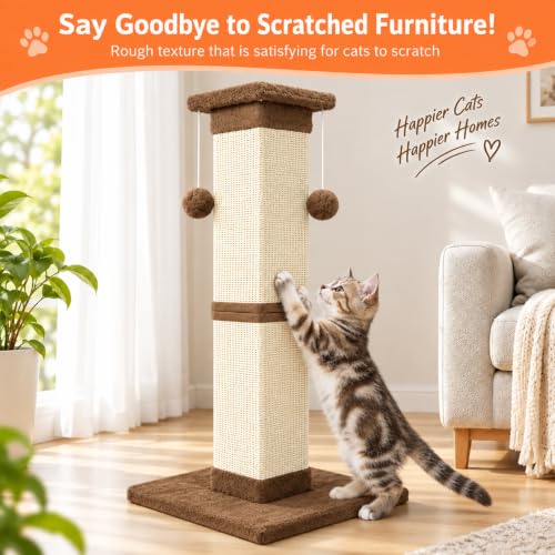 SOCATER Cat Scratching Post 33 Inch Nature Sisal Cat Scratch Post for Indoor Cats, Large Cat Scratcher Protect Your Furniture, for All Breeds Brown - color: Brown