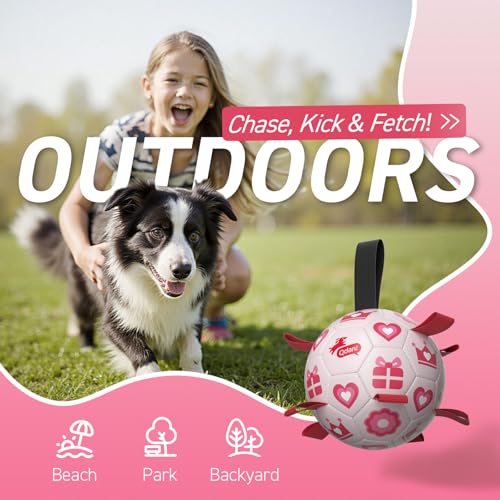 QDAN Valentines Gift Dog Toys, 8 Inch Dog Soccer Ball with Straps, Pink - color: Pink, size: Large Size 3 (8 Inch)