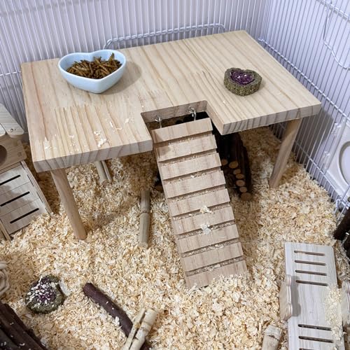 Large Hamster Platform with Ladder Wooden Syrian Hamsters Standing Platforms with Legs Set Wood Gerbils Climbing Bridge Toy Cage Accessories - size: Large