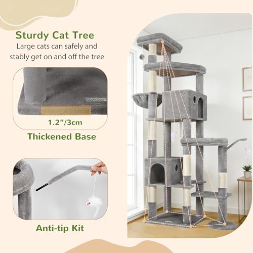 Globlazer 83 Inch Cat Tree Tower for Large Cats, Big Cat Tree for Multi-Cat Household with 2 Condos, 7 Sisal Posts, 2 Perches and Hammock, Sturdy Tall Kitten Activity Center, S83, Light Gray - color: Light Gray, size: 83 Inch
