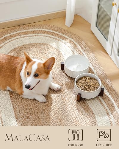 MALACASA Dog Bowl Set, Ceramic Bowls with Walnut Wood Stand, 4 Cups - color: Rhombic+Polka Dots, size: 4 Cups