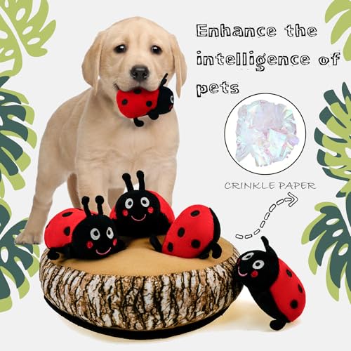 Hide and Seek Dog Toys, Multi-Purpose Interactive Squeaky Toys with Detachable Non-Slip Base, Treat Dispensing & Flying Disc Fetch, Enrichment Toys for Small Medium Large Dogs - color: Trunk Hideout with 4 Ladybirds