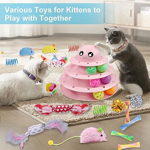 UPSKY 24 PCS Cat Toys Set with Teaser, Mice, Spring, and Various Ball Toys - color: D-Pink