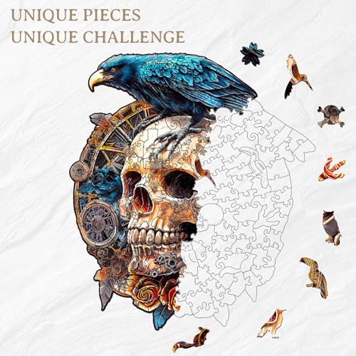 KAAYEE Wooden Puzzles Adults, Raven & Mechanical Skull Jigsaw S-8.5 * 7.5in - color: Raven & Mechanical Skull, size: Small