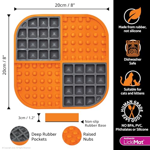 LickiMat Slomo, Cat Slow Feeder Lick Mat, Boredom Anxiety Reducer; Perfect for Food, Treats, Yogurt, or Peanut Butter. Fun Alternative to a Slow Feed Cat Bowl or Dish, Orange - color: Orange
