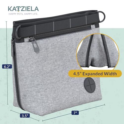 Katziela Expandable Pet Treat Pouch - Hands Free Dog Treat Pouch, Quick Access Magnet Closure - Anti Spill Dog Treat Bag - Treat Pouches for Pet Training, Adjustable Shoulder Strap & Belt Clip (Grey) - color: Grey