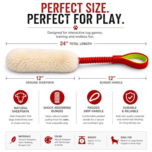 Sheepskin Dog Tug Toy with Bungee Handle – Genuine Sheepskin Training Toy for Dogs – Interactive Tug & Chase Toy for Recall, Agility & Obedience Training – 24" Long (Medium)