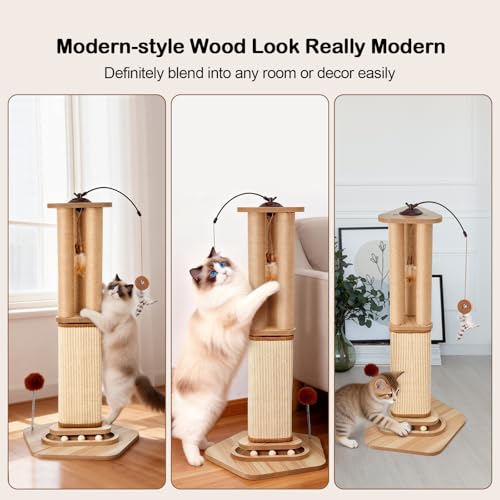 Odoland 34 Inch Cat Scratching Post for Large Cats with 4 Interactive Toys