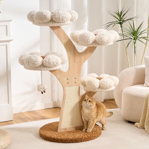 Aesthetic Flower Cat Tree Tower with Scratching Post for Indoor Cats, 48" Modern Cat Tree with Wood Sculpted Branch, Flower Cat Beds, Scratching Board & Interactive Squeaky Toy, Creamy White - color: 48"-Creamy White