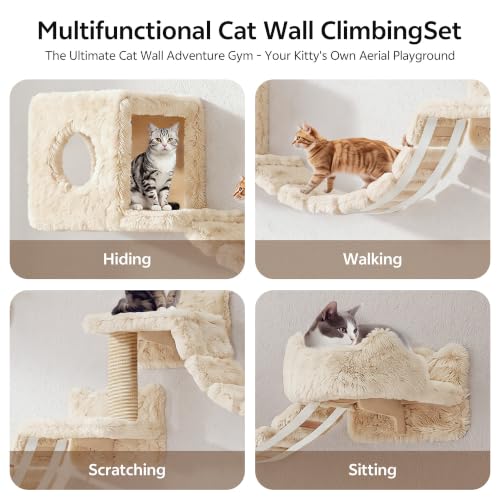 13-in-1 Cat Wall Shelves, Moon & Bridge Cat Wall Furniture, Beige - color: Beige, size: 13-in-1