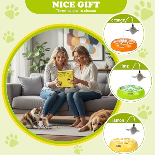 Puffluv Interactive Cat Toy,2 in 1Fruite Shape Toys with Electric Moving Concealed and Hanging Feathers Pop and Play Hide Seek, Hunting,Tpye-C Rechargeable-Yellow Lemon - color: Lemon Yellow