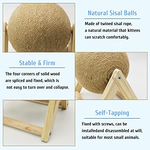 Fhiny Rabbit Scratch Toy, Natural Solid Wood Sisal Scratching Ball for Indoor Kittens, Claws Scratching Ball for Kitten Bunny Guinea Pig Chinchilla Ferret or Other Small Animals (Small) - style: Small Scratch Toy