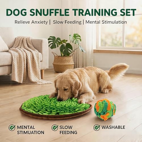 Dog Snuffle Mat & Ball Set – Dog Interactive Feeding Training Kit Snuffle mat for Dogs – Natural Foraging, Boredom Relief, Slow Feeder – Indoor/Outdoor Nose Work – Snuffle mat for Small to Large Dogs