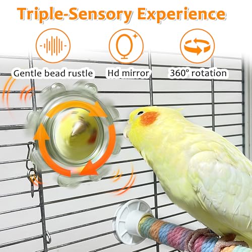 2Pcs Bird Toys with Mirror Spinner & Foraging Puzzle Slow Feeder Mats for Parakeet, Cockatiel, Budgie