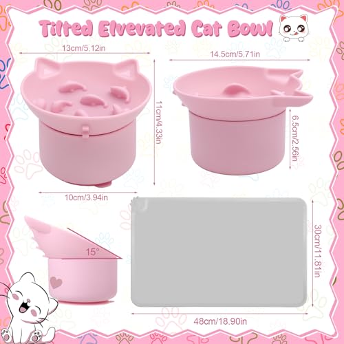 2 Pack Elevated Slow Feeder Cat Bowls Anti Vomit Silicone Raised Cat Bowls - color: Pink, Blue