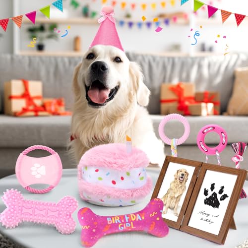 Gemscream 14 Pcs Dog Birthday Toy Gifts Dog Birthday Cake Puppy Interactive Squeak Toys Decorations for Small and Medium Dogs Supplies(Pink) - color: Pink