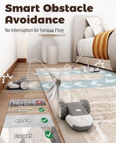 CYROS 3-in-1 Interactive Cat Toy - 2-Speed Automatic Moving Mouse Cat Toys Self Play with 2pcs Hanging Feather String Ribbon and Wiggly Silicone Mice Tail for Bored Indoor Adult Cats Kittens - color: Grey