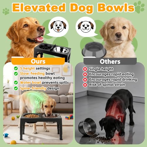 4-in-1 Elevated Dog Bowl Stand with Slow Feeder, 5 Adjustable Heights
