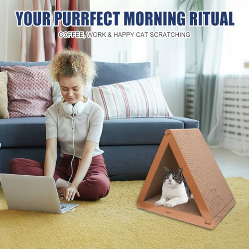 3 Pack Cardboard Cat Scratcher & Scratch Pad, Buildable Triangle Cat House w/ 6-Sided Use, Furniture Protection for Indoor Cats