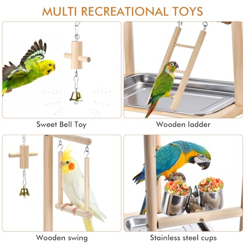 Natural Wood Parrot Playground Perch Stand with Feeder Cups, Tray, Ladder, Swing & Bells, Play Gym for Top of Cage, Cage Accessories for Lovebirds, Cockatiels, Parakeets