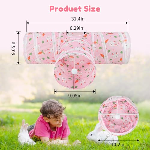 BWOGUE Bunny Tunnels & Tubes, 3-Way Collapsible Rabbit Hideout for Bunnies - color: Pink