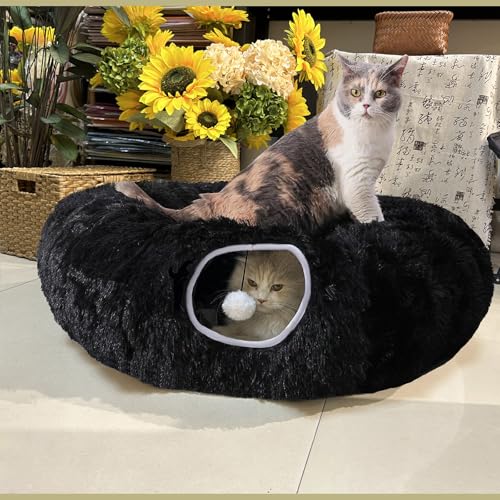 Cat Bed Tunnel Tube Toy Black Plush - color: Black Plush