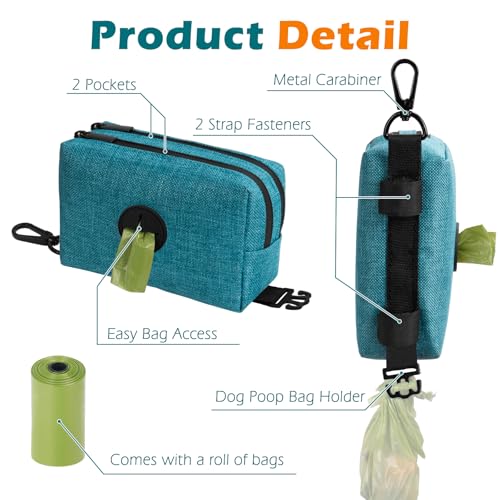 PetBonus Dog Poop Bag Holder, Portable Pet Waste Bag Dispenser, 2 Pouches for Treats and Walking Accessories, Fit All Leashes, Includes 1 Roll of Dog Poop Bags (Lagoon Blue) - color: Lagoon Blue