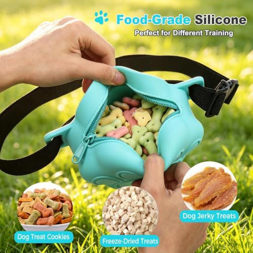Dog Treat Pouch with Training Clicker and 2 Poop Bags, 1.8 Cup Small Sealable Zipper Silicone Fanny Pack with Waist Belt, Pet Puppy Training & Walking Essentials (Blue) - color: Blue