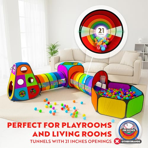 Playz 5pc Pop Up Play Tent and Crawl Through Tunnels for Kids w/Carry Bag - color: Rainbow Multicolor