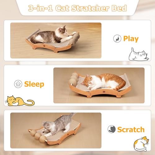 3 in 1 Sisal Cat Scratcher Bed, Solid Pine Cat Scratcher with Balls (Wood) - color: Wood, size: Large