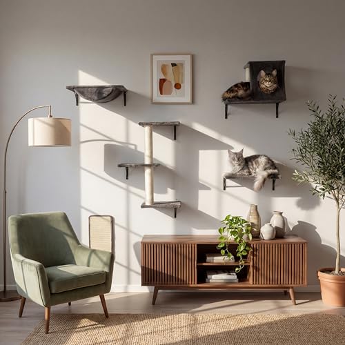 Cat Wall Shelves, Cat Wall Mounted Furniture, Climbing Wall Systems with Perches, Scratchers and Condo, Kitten Indoor Jungle Gym Set of 5 (Grey) - color: Grey