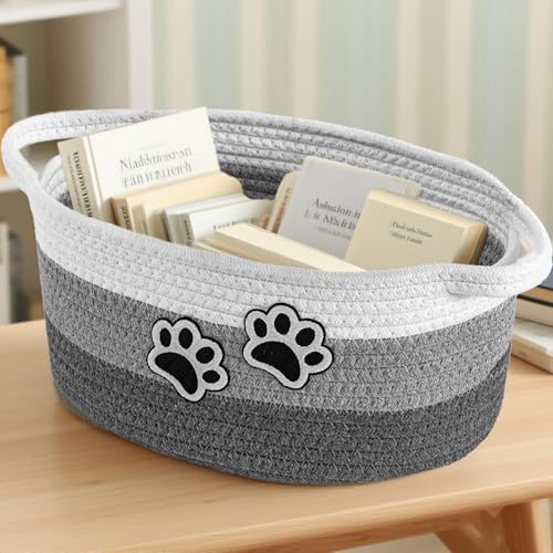 Small Woven Cotton Rope Nursery Organizer Bins, Dog Toy Basket Bins with Handle, Cute Empty Pet Gift Storage Baskets with Paw - color: White-Grey