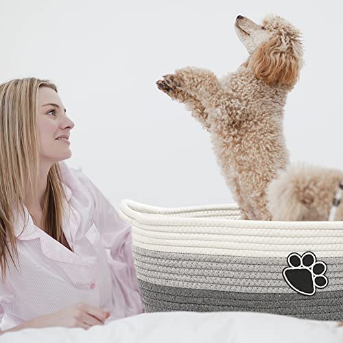 Small Woven Baskets for Organizing Rope Storage Basket with Handle Cute Cotton Basket for Nursery Gift Dog Toy Storage Bins for Toy Organizer Grey-white - color: Grey-white