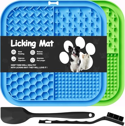 Azyh 2 PCS Licking Mat for Dogs & Cats with Suction Cups, Dog Slow Feeder Lick Pat for Anxiety Relief, Dog Toys Feeding Mat for Butter Yogurt Peanut, Pets Bathing Grooming Training Mat (7.9''*7.9'') - color: Blue&Green Square
