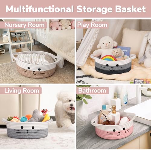 Small Woven Rope Cat Toy Basket with Cat Face Design, White Pink - color: White & Pink, size: 9.8"W x 4"H