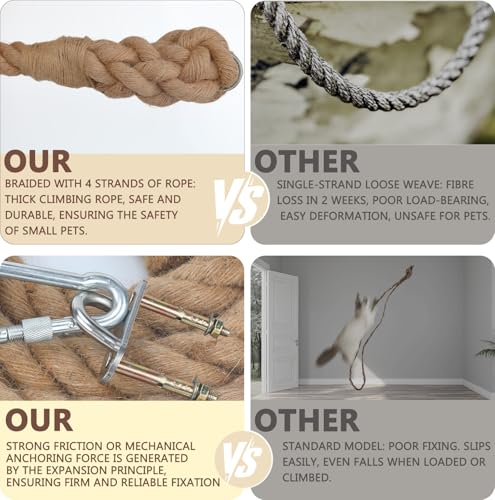 2" x9.8Ft Cat Climbing Rope with Hook, Natural Sisal Ceiling & Wall - size: 9.8FT
