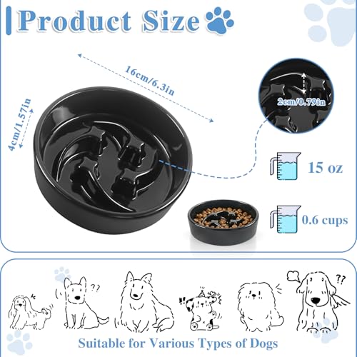 Ceramic Slow Feeder Dog Bowls, 0.6 Cups Dog Food Dish for Small Breed - color: Black-M