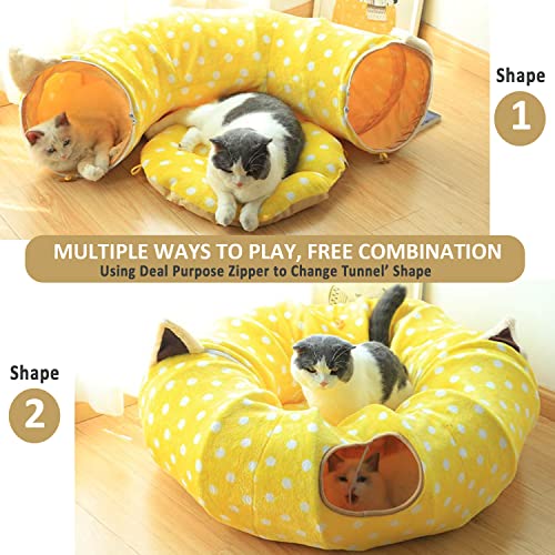 AUOON Cat Donut Tunnel with Bed for Kitten Puppy Rabbit Ferret, Yellow - color: Yellow