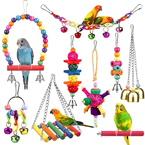 Bird Toys for Conures with Colorful Ladder Hammock Bird Cage Accerious Bird Perch Stand Chewing Toys Hanging Bell for Parrot Parakeet Cockatiel Lovebirds
