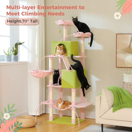 MUTTROS Flower Cat Tree Tall 70.8" for Adult Indoor Cats, 8-Levels Large Cat Tower with 8 Sisal Posts, 2 Hammocks, 2 Condos, Big Perch & 3 Pom Poms for Multi-Cats Household – Carpet Pink - color: Pink, size: 70.8" Tall Cat Tree