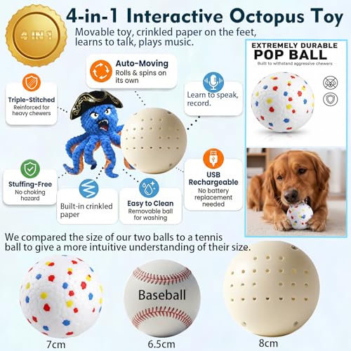 2026 Interactive Dog Toys, Self Moving Octopus Dog Toy Set with 2 Balls - Automatic Wobble Ball & Durable Chew Ball, 4-in-1 Squeaky Plush Enrichment Toy to Keep Them Busy for Medium Large Dogs - color: Blue
