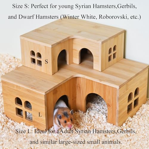 0.3" Thick Bamboo Hamster Maze, Pre-Assembled L-Shape Wooden Hideout, Safe One-Piece Fixed Construction, Large Nesting Habitat for Syrian Hamster, Gerbil, 11.6 x 11.6 x 5.1 in, Large