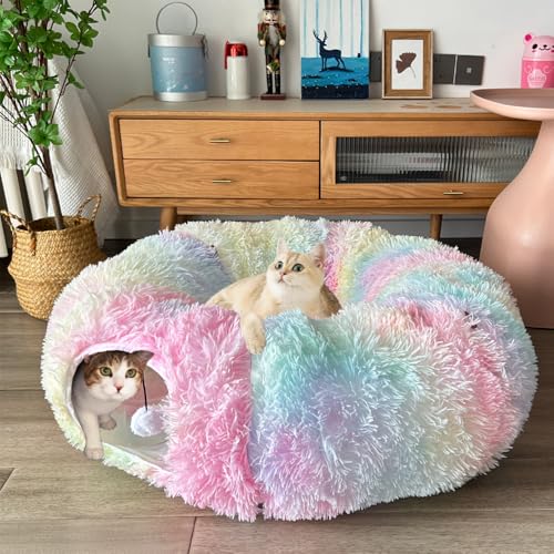 Cat Bed Tunnel Tube Toy Rainbow Plush - color: Colorful Plush