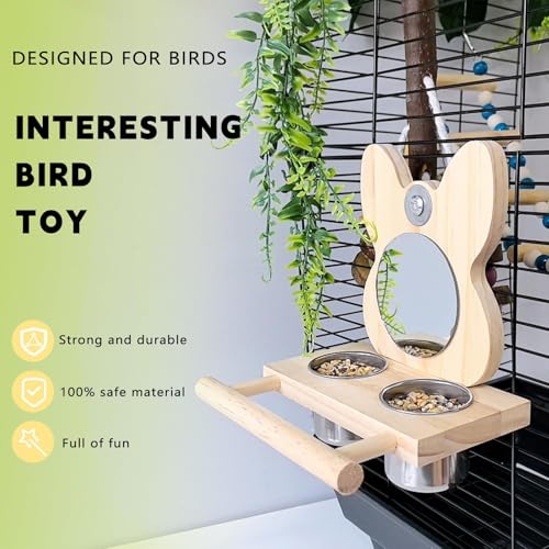 Bird Mirror Parrot Perch with Mirror and Stainless Steel Feeding Cups for Parakeets Cage Swing Wooden Mirror Fun Play Toy for Birds Lovebird Conures Cockatiels - style: Style B