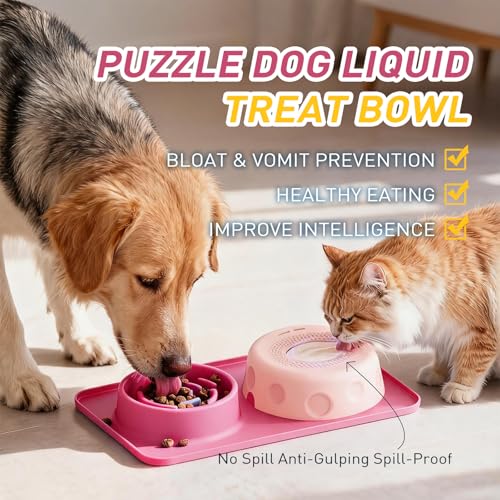 2-in-1 Dog Lick Bowl with Rolling Ball & Slow Feeder Down Slow Eating Speed - color: Pink