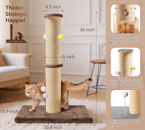 5-Inch Sisal Cat Scratching Post, 36" Tall Scratch Tower, Brown - color: Brown Upgrade